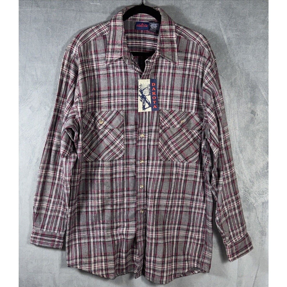 Vintage Dakota Flannel Shirt Men's L Gray Red Plaid Check Flap Pockets Thick NWT